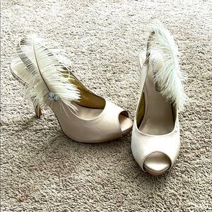 Lulu Townsend Champagne Satin Peep-Toe Heels with Feather Detail